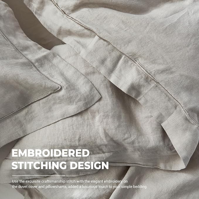 Simple&Opulence 100% French Linen Duvet Cover Set with Embroidered,3 Pcs Washed Soft Farmhouse Bedding Set with Button Closure,1 Comforter Cover and 2 Pillowshams(Queen,Grey)