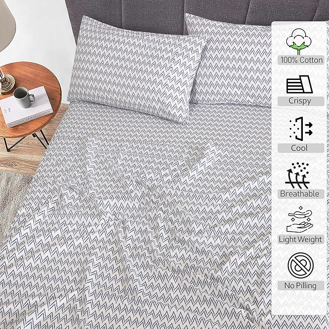 RUVANTI 100% Cotton Percale Sheets Queen Size, Chevron | Crisp Cooling, Deep Pocket 16", Soft Breathable & Durable, Hotel-Style, 4 Piece Set