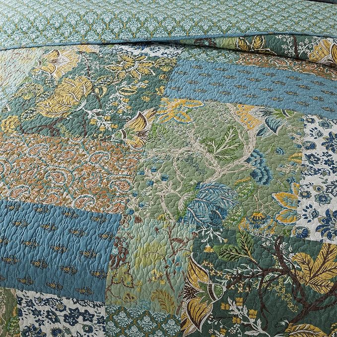Cotton Patchwork Bedspread, 3-Piece Bedding Quilt Set with Real Stitched Embroidery, Reversible Matelasse Bed Coverlet Set,Green Farmhouse Garden,Twin Size