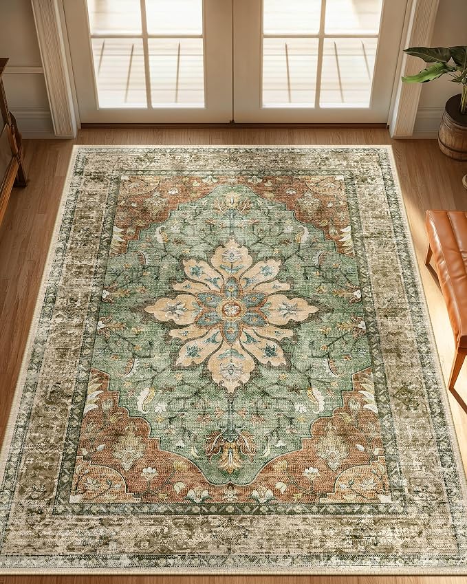 RELEANY Washable Area Rug, 3'x4', Brick/Brown/Green | Non-Slip, Water Repellent, Pet Friendly, Easy to Clean, Vintage Floral Boho Decor for Living Room Bedroom Beside Kitchen