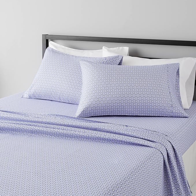 Amazon Basics Breathable Lightweight Super Soft Brushed Microfiber 4-Piece Bed Sheet Set, Wrinkle Resistant With 14" Deep Pockets, Queen, Blue Damask, Printed