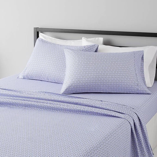 Amazon Basics Breathable Lightweight Super Soft Brushed Microfiber 4-Piece Bed Sheet Set, Wrinkle Resistant With 14" Deep Pockets, Queen, Blue Damask, Printed