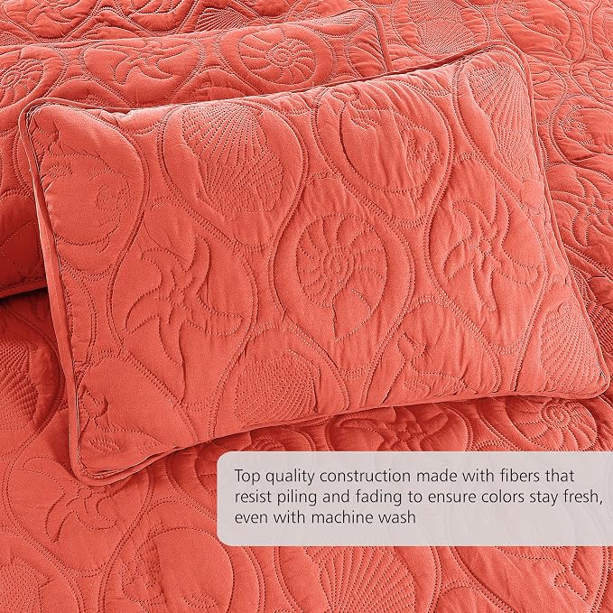 Pure Bedding Quilt Set King/Cal King/California King Size Coral - Oversized Bedspread - Microfiber Coverlet - Includes 1 Quilt and 2 Shams, Ocean Star Pattern