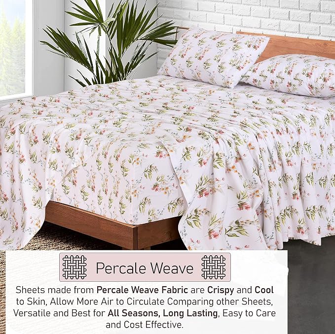 RUVANTI 100% Cotton Percale Sheets Full Size, Floral Bliss | Crisp Cooling, Deep Pocket 16", Soft Breathable & Durable, Hotel-Style, 4 Piece Set