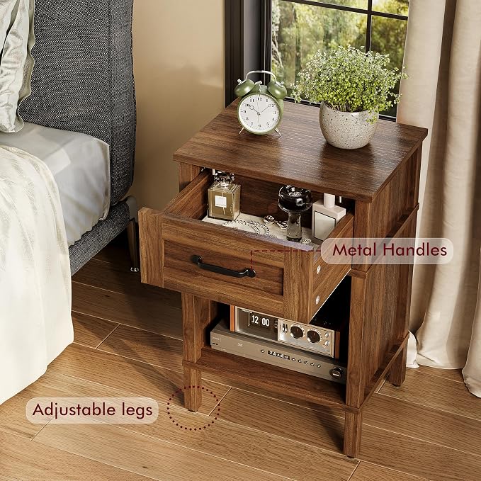 Farmhouse Nightstand with Drawer, Small Wood Bedside Table, Rustic Side Table, Modern End Table with Drawer, Retro Wooden Red Brown Night Stand for Bedroom