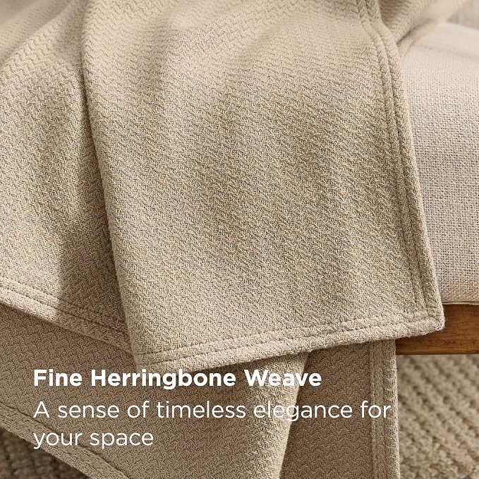 Bedsure GentleSoft 100% Cotton Blanket King Size for Bed - Cooling Breathable and Lightweight, Soft Cozy Textured Herringbone Woven Blanket for Summer, Khaki, 108x90 inches