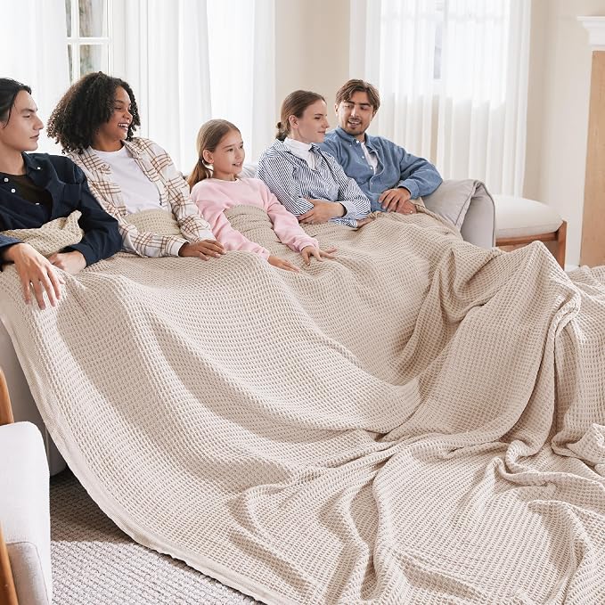 Bedsure 100% Cotton Big Oversized King Blanket, Waffle Weave, Beige | Breathable, Soft, Cozy, Cooling, Waffle Texture, Fall, Summer Blanket for Bed, Gifts for Women, Machine Washable, 120"X94"