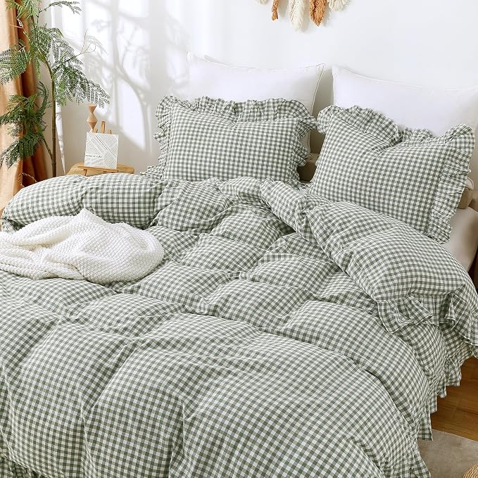 ATsense Green Gingham Ruffle Duvet Cover Set Cotton Like Linen, Full | 100% Washed Cotton Linen-Like Feel Soft, Breathable & Comfy. Farmhouse Bedding Set with Zipper & 8 Ties. 3 Pcs, No Insert
