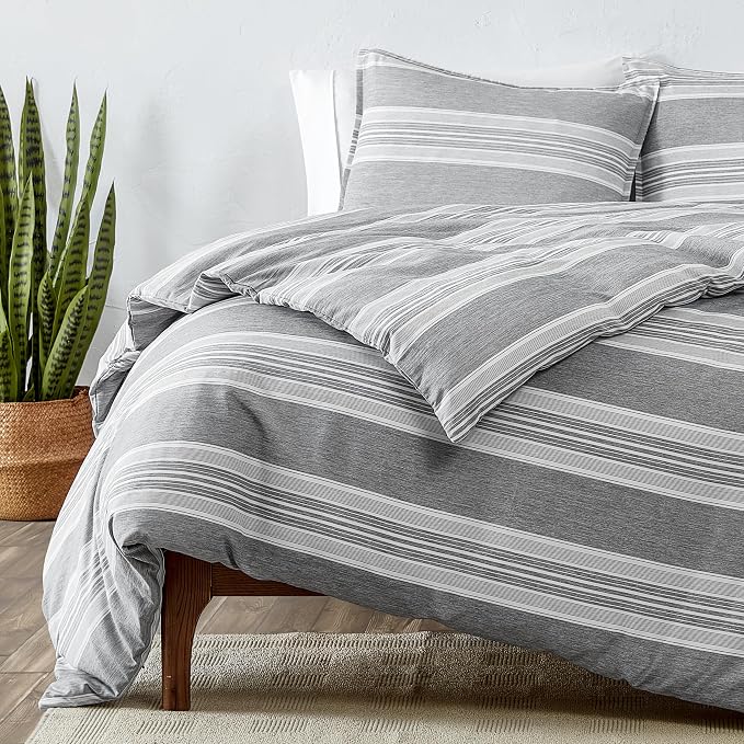 Bare Home Duvet Cover Set (Queen, Stripe - Heathered Charcoal) | 1800 Ultra-Soft, Lightweight, Cooling, Breathable, Premium, All-Season