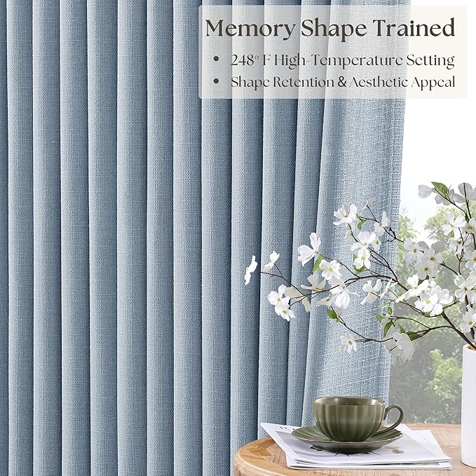 120 Inch 100% Blackout Pinch Pleated Linen Curtains Light Blue for Bedroom | Light Blocking Extra Long Curtain, for Living Room Baby Bedroom, Thermal Insulated Soundproof, with Back Tab Hooks, 2 Panels