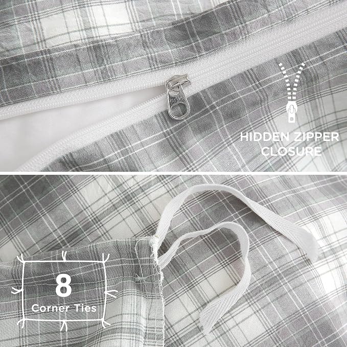 TOCOMOA Plaid Duvet Cover Set 100% Washed Cotton Like Linen, King | Linen-Like Feel Soft, Breathable & Comfy for All Season. Grey and Green Bedding Set with Zipper & 8 Ties. 3 Pcs, No Insert