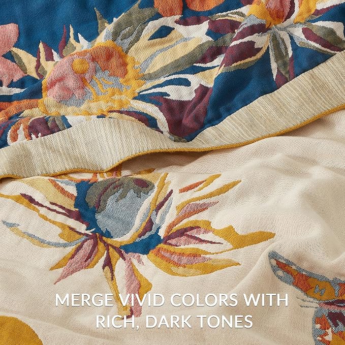 Boho Throw Blanket for Couch Sofa Bed, 100% Cotton Woven Quilt with Tassel 50”x60”, Super Soft Muslin Blanket with Floral Printed, Decorative Reversible Bed Blanket/Cover for All Seasons