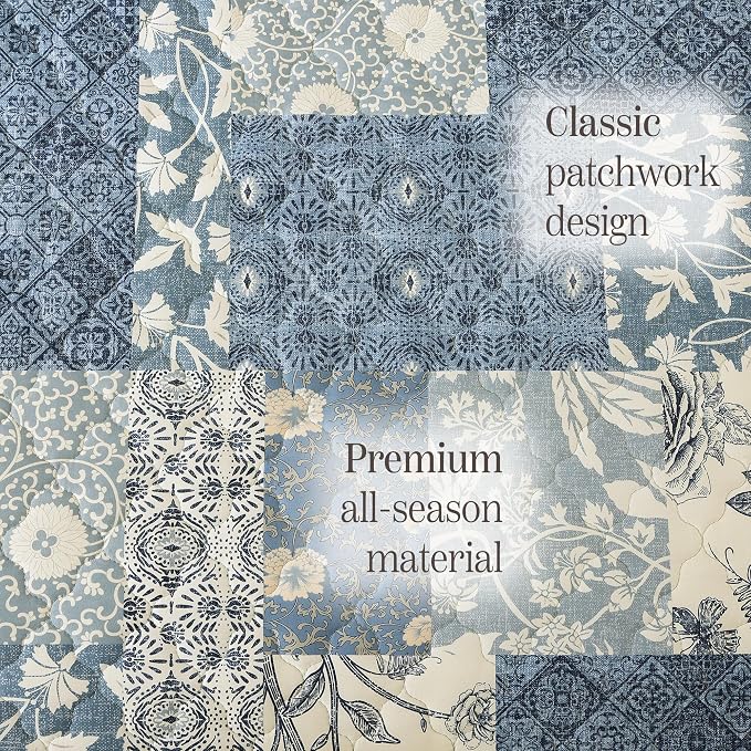Twin/Twin XL Quilt Set-2 Pieces Soft Bedding Floral Patchwork Coverlet | All Seasons Lightweight Quilts Queen Size, 1 Quilt (66" x 92") and 1 Sham (20" x 26"), Reversible Bedspread, Blue
