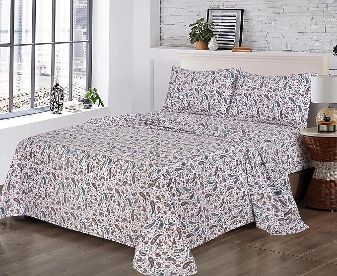 RUVANTI 100% Cotton Percale Sheets, Queen Size, Teal Paisley | Crisp Cooling, Deep Pocket 16", Soft Breathable & Durable, Hotel-Style, 4 Piece Set