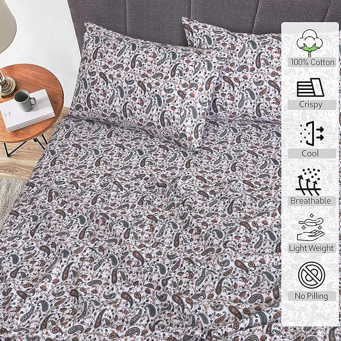 RUVANTI 100% Cotton Percale Sheets Twin XL, Teal Paisley | Crisp Cooling, Deep Pocket 16", Soft Breathable & Durable, Hotel-Style, 3 Piece Set