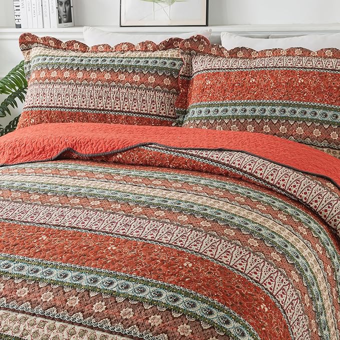 Cotton Bedspread Quilt Sets - Reversible Patchwork Coverlet Set, Red Striped Jacquard Pattern, Oversized King Size