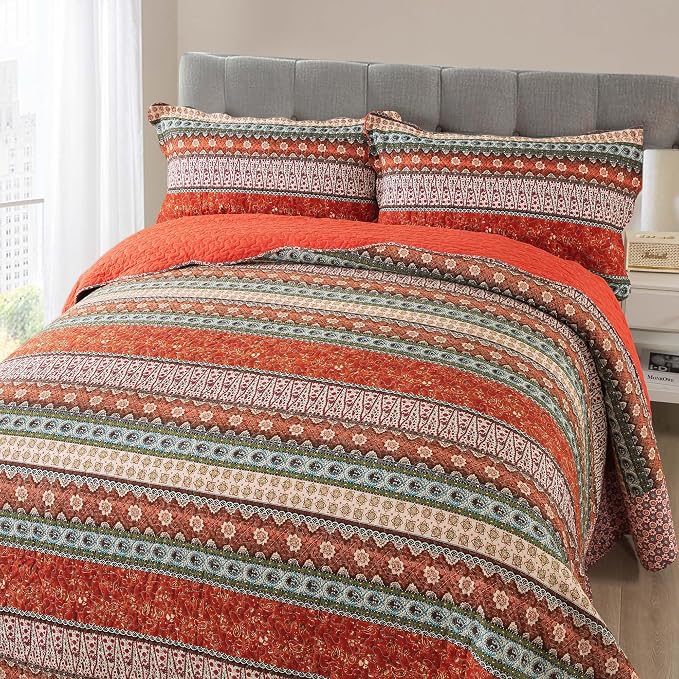 Cotton Bedspread Quilt Sets - Reversible Patchwork Coverlet Set, Red Striped Jacquard Pattern, California King Size