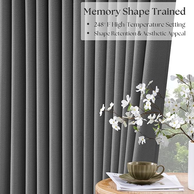 Dark Grey Pleated Thick Linen Blackout Curtains 96 Inches Long with Liner | 100% Black Out, Thermal Insulated, Pinch Pleat with Ring Hooks, Room Darkening Drapes for Living Room Bedroom, Charcoal Gray
