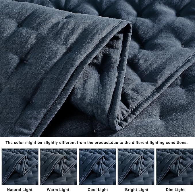 WDCOZY Navy Blue Cloud King Size Quilt Set, Tan Lightweight Farmhouse Bedspread, Rustic Country Coverlet, Taupe Camel Soft Bedding, Thin Comforter for All Season - 3 Pieces, 104x90 inches