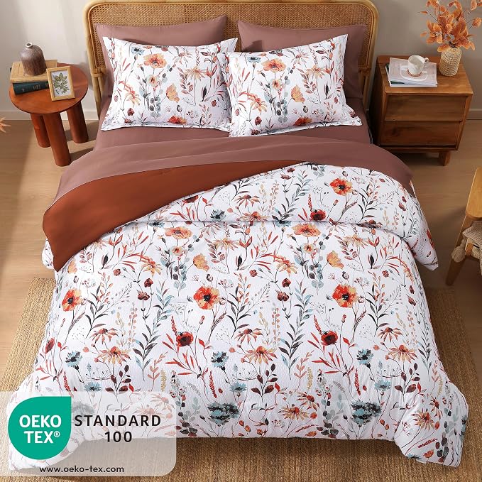 King Size Comforter Set-7 Pieces Floral Bed in a Bag King Bedding Set | Terracotta Botanical Texture Flowers Comforter Set with Sheets, Pillowcases & Shams for All Seasons