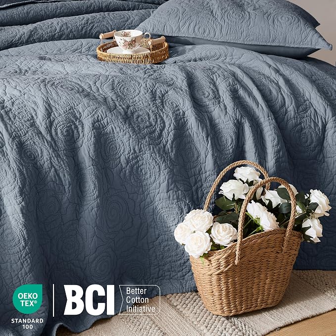 WDCOZY 100% Cotton King Size Quilt Bedding Sets Floral Rosette Dusty Blue | Pre-Washed Thin Farmhouse Bedspread, 106"x96" Comforter + 2 Shams 20"x36", Lightweight Coverlet, All-Season, Machine Washable