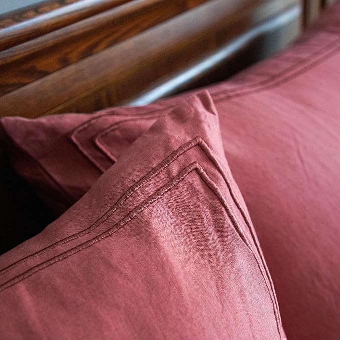 Simple&Opulence 100% French Linen Euro Shams with Embroidery (26'' x 26'') - Pack of 2 - Pre Washed Solid Color Natural Flax Soft Breathable - Coral Red