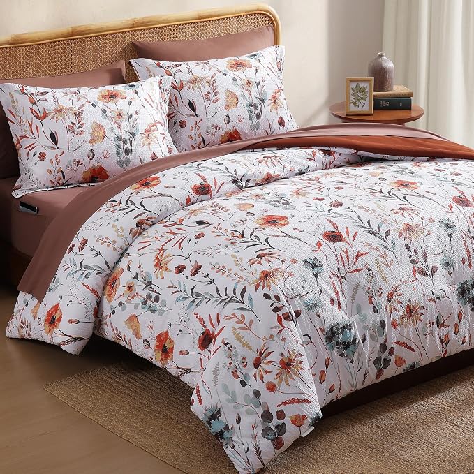 Queen Comforter Set - 7 Pieces Soft Floral Bed in a Bag Queen Bedding Sets | Terracotta Botanical Texture Flowers Comforter Set with Sheets, Pillowcases & Shams for All Seasons