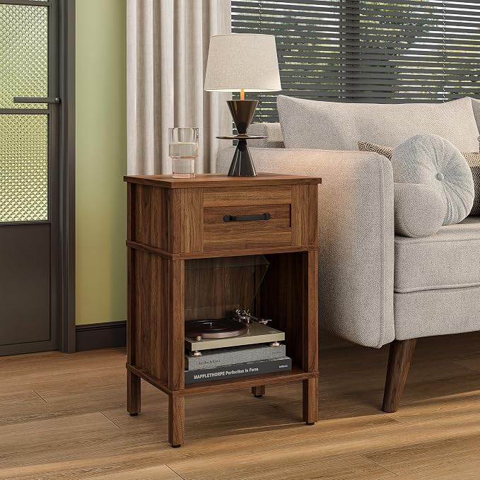 Farmhouse Nightstand with Drawer, Small Wood Bedside Table, Rustic Side Table, Modern End Table with Drawer, Retro Wooden Red Brown Night Stand for Bedroom