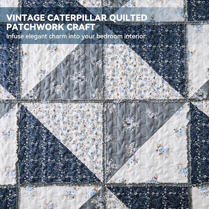 King Size Quilt Set Grey Floral Patchwork Quilted Bedspread Coverlet Set | VIVILINEN 3-Piece Floral Reversible Stitched Quilt Bedding Set Lightweight Comforter Bed Cover Blanket with 2 Pillow Shams