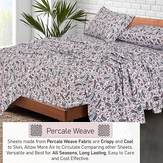 RUVANTI 100% Cotton Percale Sheets, California King, Teal Paisley | Crisp Cooling for Hot Sleepers, Deep Pocket 14", Soft Breathable & Durable, Hotel-Style 4 Piece Set