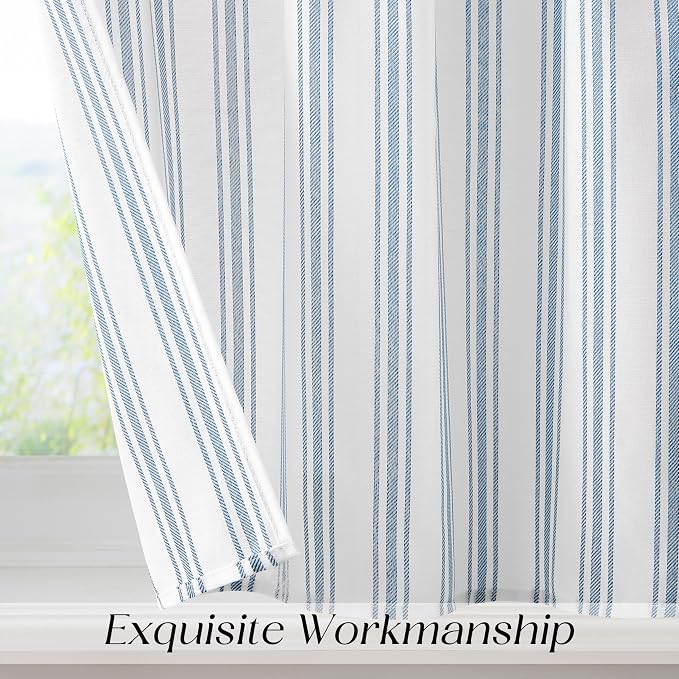 ZJDECOR Blue Stripe Cotton Blend Semi Sheer Tier Curtain Tiers,27" Wx30 Lx2 | Kitchen Curtains,Light Filtering,Rod Pocket,78%Polyester、22%Cotton,Cottage Farmhouse Style,Bathroom RV Window Treatment