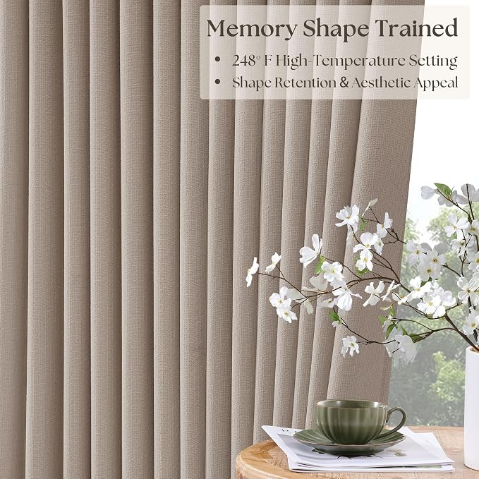 Viral Pleated Blackout Burlap 120 Inch Long Curtains Burlywood Birch | Pinch Pleated, Taupe Linen Curtains, Double Layer 100% Black Out, Soundproof, Neutral Cottagecore Window Drapes 2 Panels