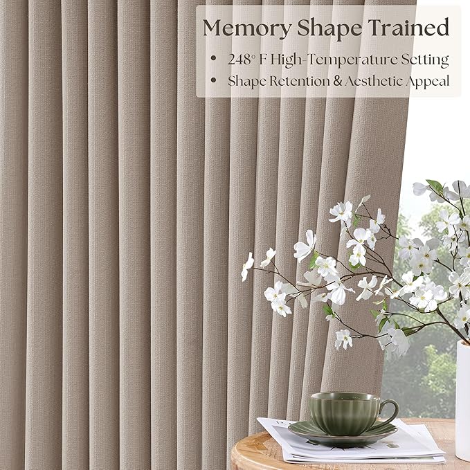 Burlywood Birch Linen Pinch Pleated Blackout Bedroom Curtains 84 Inch Long | Room Darkening, 100% Black Out, Pinch Pleat Drapes with Liner, Farmhouse Neutral, Curtains for Dining Living Room Bedroom