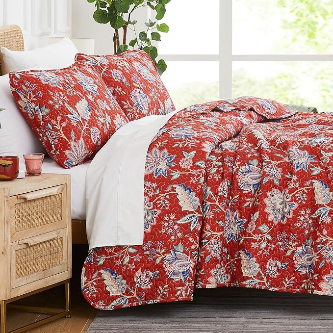 Southshore Fine Living, Inc. Oversized Quilt Bedding Set, 2-Piece Twin XL Coverlet with Matching Sham, Jacobean Willow Floral Coverlet, All Season Quilt Bedspread, Lightweight Twin Quilts, Red