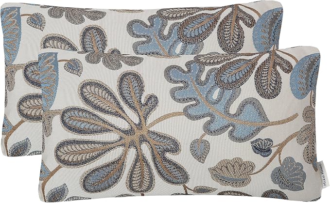 Mika Home Set of 2 Jacquard Tropical Leaf Pattern Oblong Throw Pillow Covers Accent Pillowcase 12X20 Inches,Blue Cream