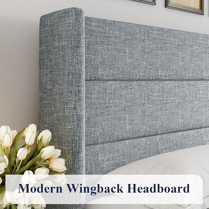 Allewie Full Size Lift Up Hydraulic Storage Bed Frame Blue Grey | Modern Wingback Headboard, Hydraulic Support Storage, No Box Spring Needed