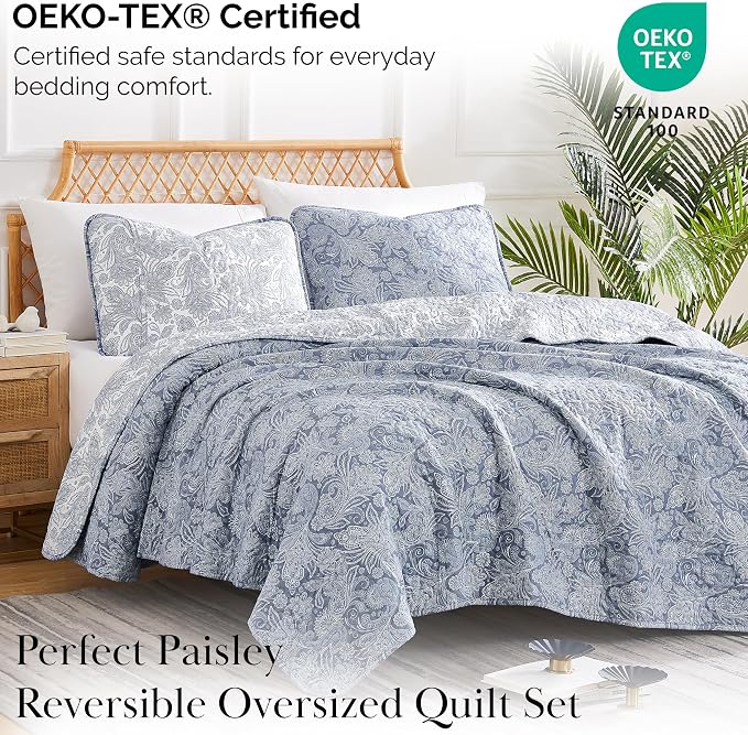 Southshore Fine Living, Inc. Extra Large King Size Quilts, Paisley Quilt, Blue and White Bedspread, 3-Piece Bohemian Bedding Set with Two Matching Shams, California/King, Reversible Blue