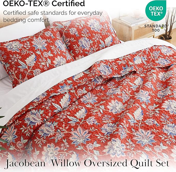 Southshore Fine Living, Inc. Oversized King Quilt Bedding Set, Jacobean Willow Floral Quilt Set with 2 Matching Pillow Shams, Lightweight California King Bed Spread, Soft Microfiber Fabric, Red