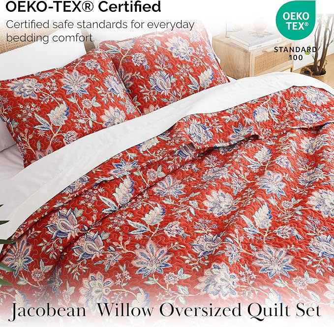 Southshore Fine Living, Inc. Oversized Full/Queen Quilt Bedding Set, Jacobean Willow Floral Quilt Set Queen or Full Size with 2 Matching Pillow Shams, Lightweight Bedspread, Soft and Cozy, Red
