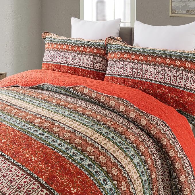 Cotton Bedspread Quilt Sets - Reversible Patchwork Coverlet Set, Red Striped Jacquard Pattern, California King Size