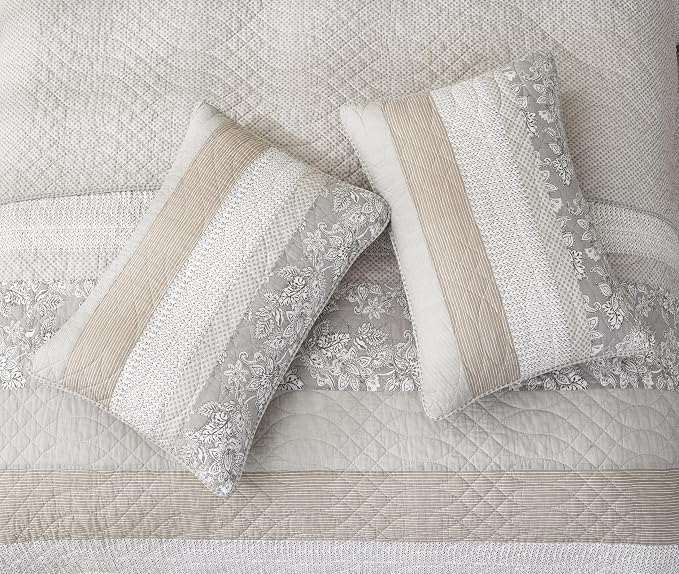 Chezmoi Collection Robyn 3-Piece Gray Taupe White Floral Hibiscus Flower Patchwork Striped Quilt Set - Pre-Washed Soft Lightweight Reversible Cotton Bedspread Coverlet for All Season, Super King Size