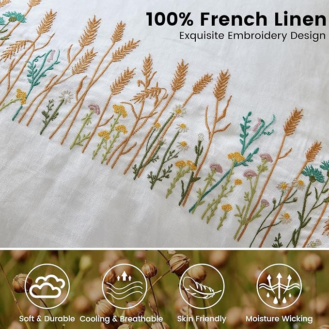 Simple&Opulence 100% Linen Euro Shams 26'' x 26'' Pack of 2, Embroidery Wheat Design Natural Flax Farmhouse Decorative Square Throw Pillow Covers for Bed Couch Sofa - White