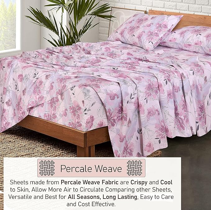 RUVANTI 100% Cotton Percale Sheets Full Size, Lilac Floral | Crisp Cooling, Deep Pocket 16", Soft Breathable & Durable, Hotel-Style, 4 Piece Set