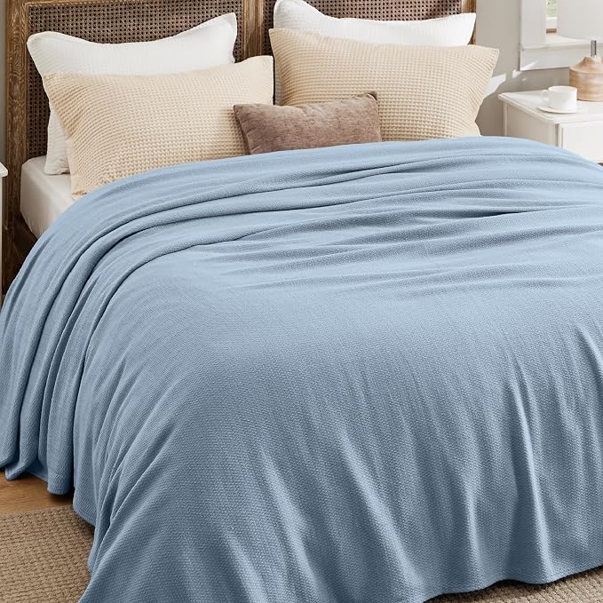 Bedsure GentleSoft 100% Cotton Blanket King Size for Bed - Breathable and Lightweight, Soft Cozy Textured Herringbone Woven Blanket for Summer, Light Blue, 108x90 inches