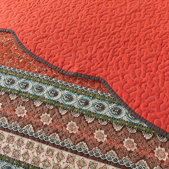 Cotton Bedspread Quilt Sets - Reversible Patchwork Coverlet Set, Red Striped Jacquard Pattern, Oversized King Size
