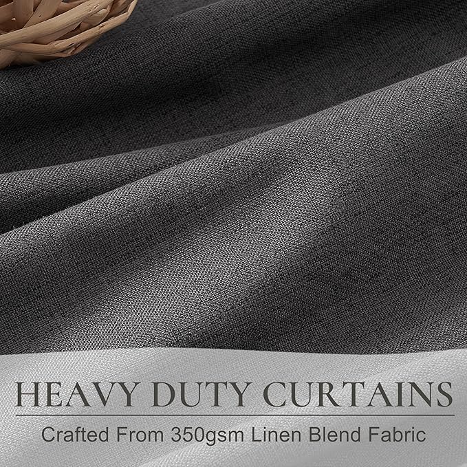Dark Gray 100% Black Out Linen Curtains 90 Inches Long 2 Panels Set for Kids Boys Room, Country Farmhouse Pleated Ceiling Track Curtain Window Drapes Heavy Thermal for Nursery Charcoal Grey(50"Wx90"L)