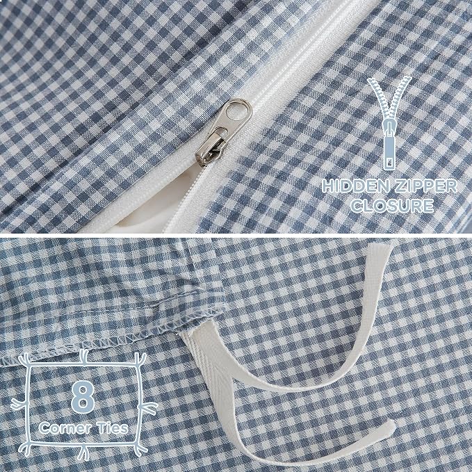 TOCOMOA Mini Gingham Blue Duvet Cover Set Washed Cotton Like Linen, Queen | 100% Washed Cotton Linen-Like Feel Soft, Breathable & Comfy. Lightweight Bedding Set with Zipper & 8 Ties. 3 Pcs, No Insert