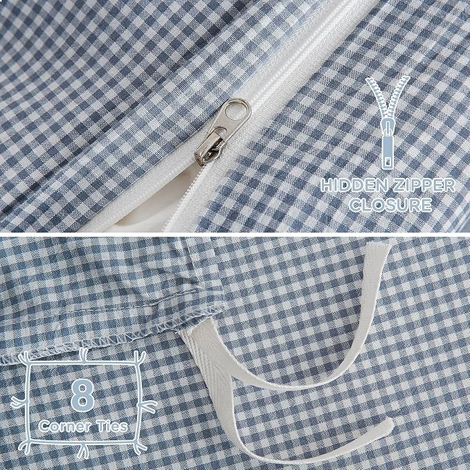 TOCOMOA Mini Gingham Blue Duvet Cover Set Washed Cotton Like Linen, King | 100% Washed Cotton Linen-Like Feel Soft, Breathable & Comfy. Lightweight Bedding Set with Zipper & 8 Ties. 3 Pcs, No Insert