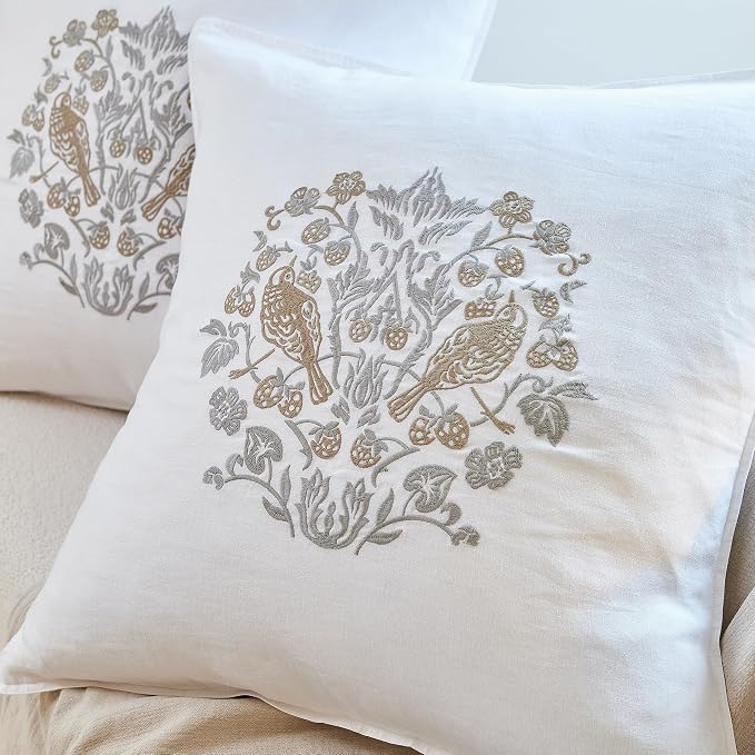 Simple&Opulence 100% Linen Euro Shams 26'' x 26'' Pack of 2, Embroidery Rosefinch Design Natural Flax Farmhouse Decorative Square Throw Pillow Covers for Bed Couch Sofa - White