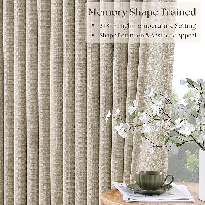 Oatmeal Pinch Pleated 100% Blackout Linen Curtains 100 Inch Length 2 Panel | Memory Shape Pinch Pleat, Black Out Thermal Insulated Curtains with Liner, Neutral Beige, for Dining Living Room Darkening
